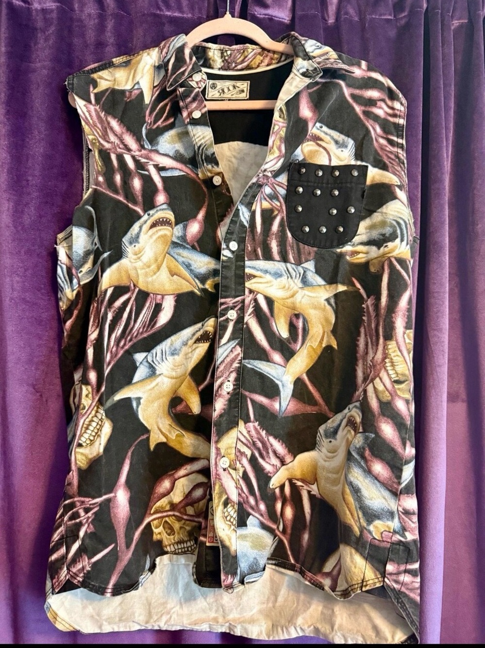 Altered Vintage Rook Button Down Oxford with Shark Skull Print Studded Pocket